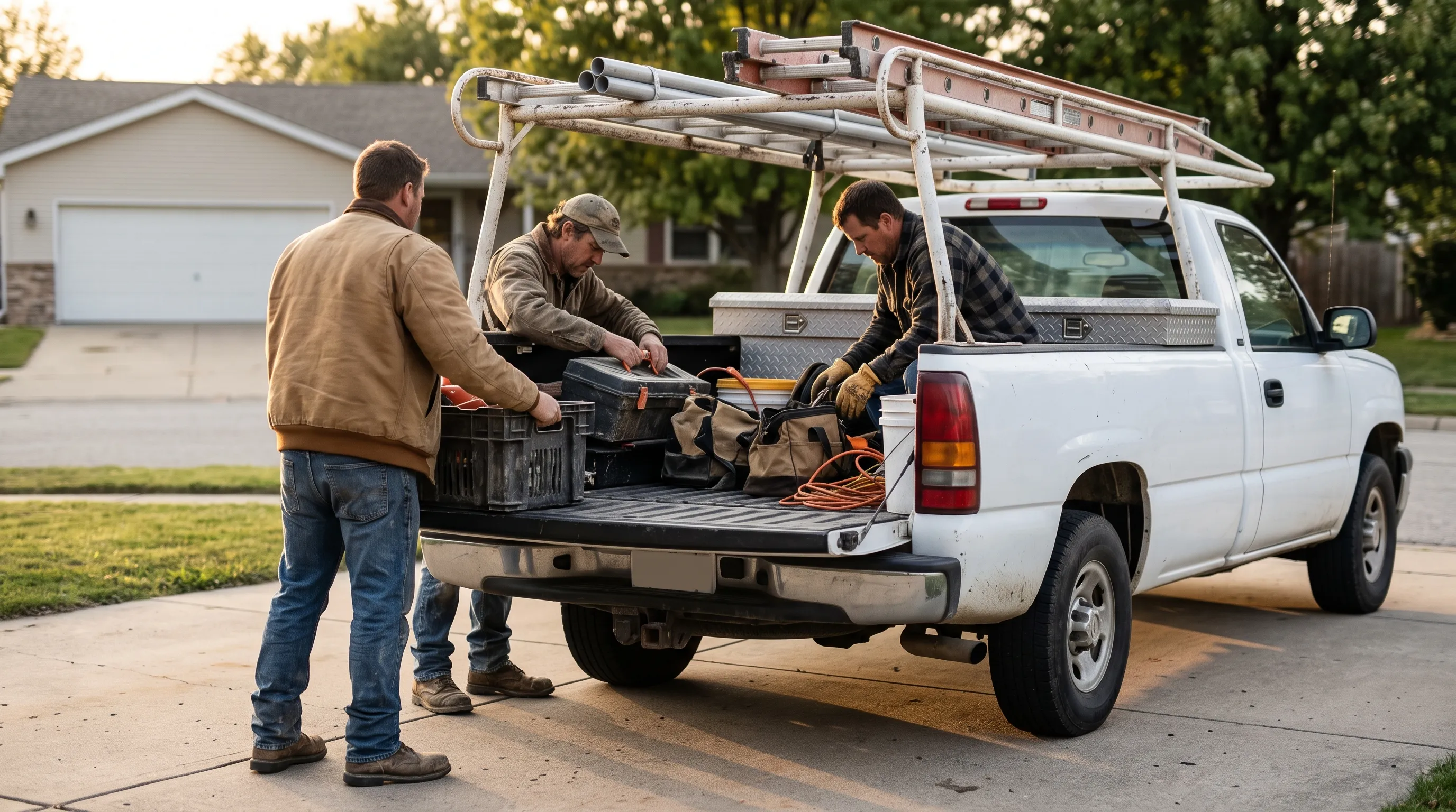 Three tradesmen loading tools into a white pickup in a driveway at the end of a job.