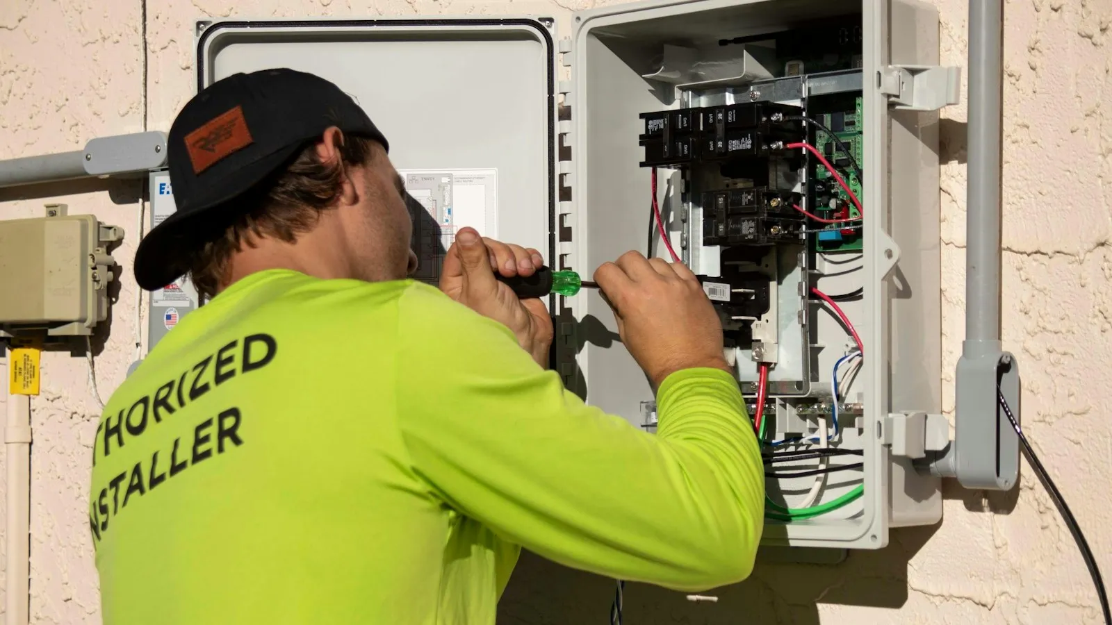 An electrician working at an open electrical panel with a screwdriver.